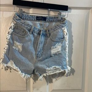 Women's Light Blue Distressed Jean Shorts with Lace-Up Sides